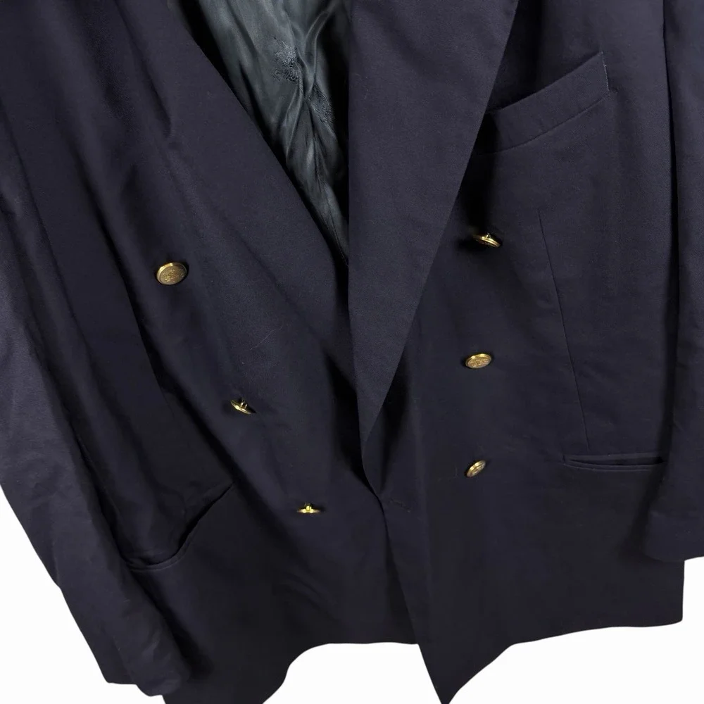 Vintage BURBERRYS Navy Blue Gold Button Super 100's Wool Double Breasted Blazer‎